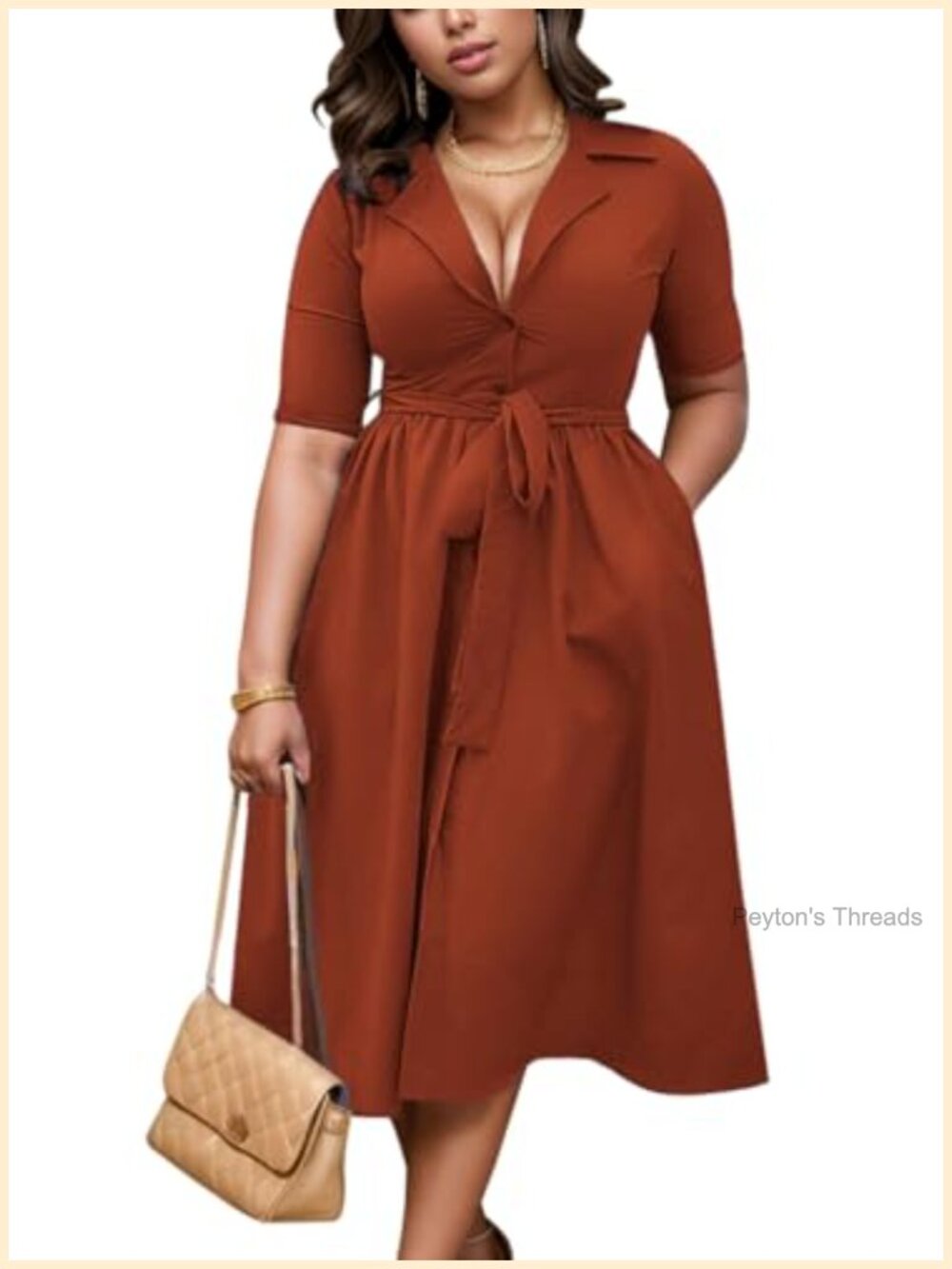 WUSENST Women's Midi Dress Short Sleeve V-Neck A-Line Button Down Swing Dress